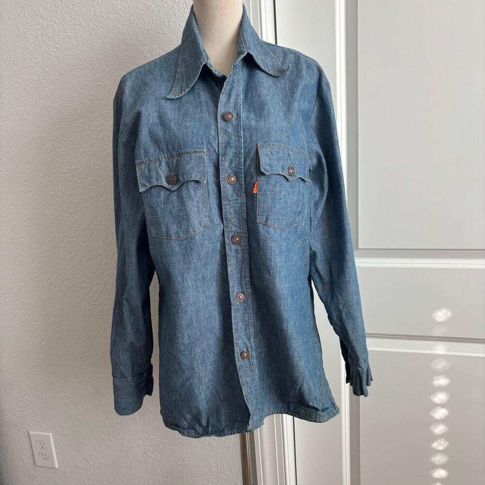 Vtg 60s Levi’s BIG E Orange Tab Denim Western Shirt Unisex L Rare Banded Waist